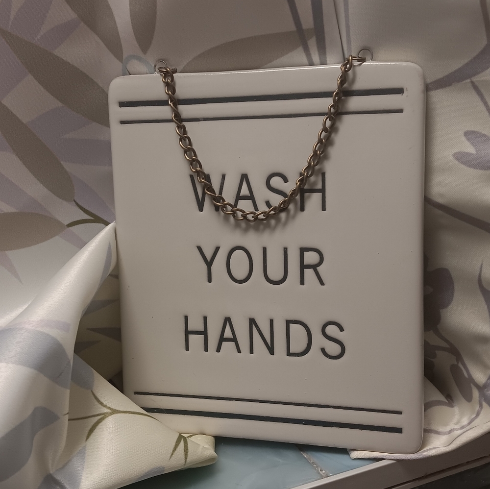 Farmhouse Style Stoneware WASH YOUR HANDS Sign - With Brass Hanger or Stand Up